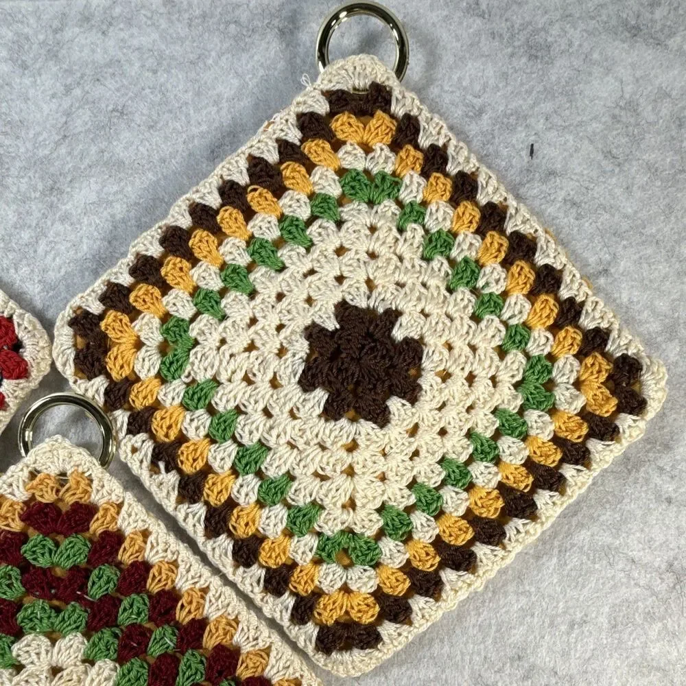 Handmade Crocheted Granny Square Potholders Set of 3 Multicolor w/ Rings